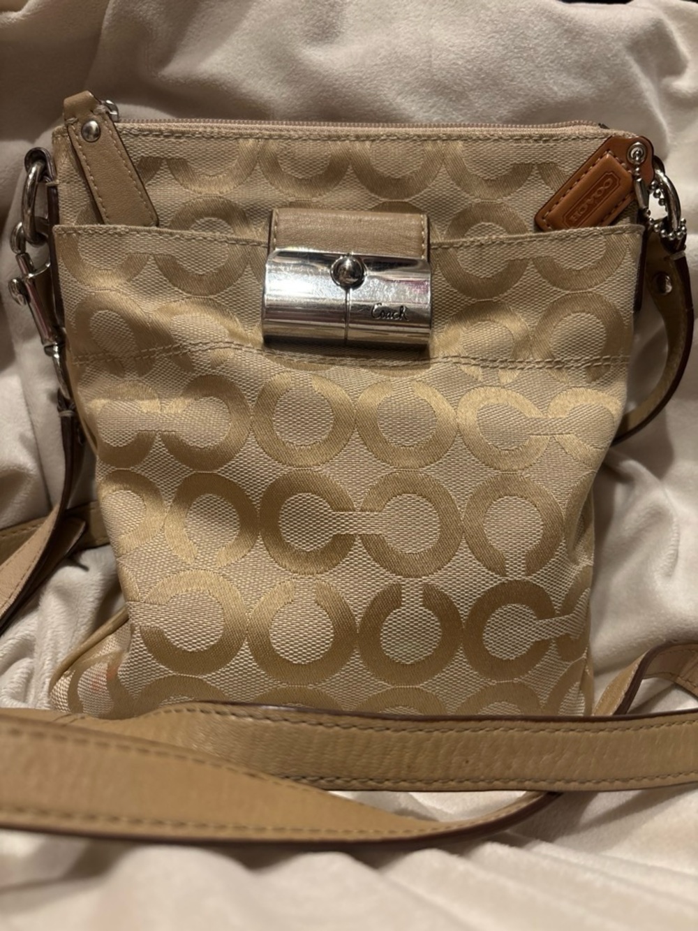 Coach Tan Signature Jacquard Crossbody with Silver-Tone Clasp